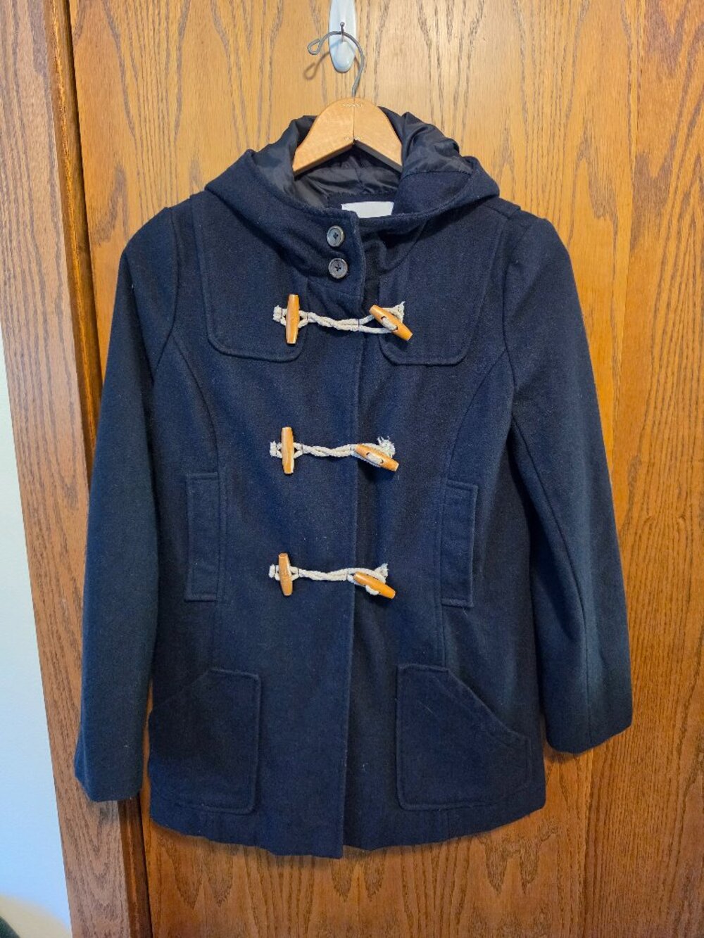 Chiché Wool Blend Hooded Toggle Duffle Coat Navy Blue Wooden Button Parka MD